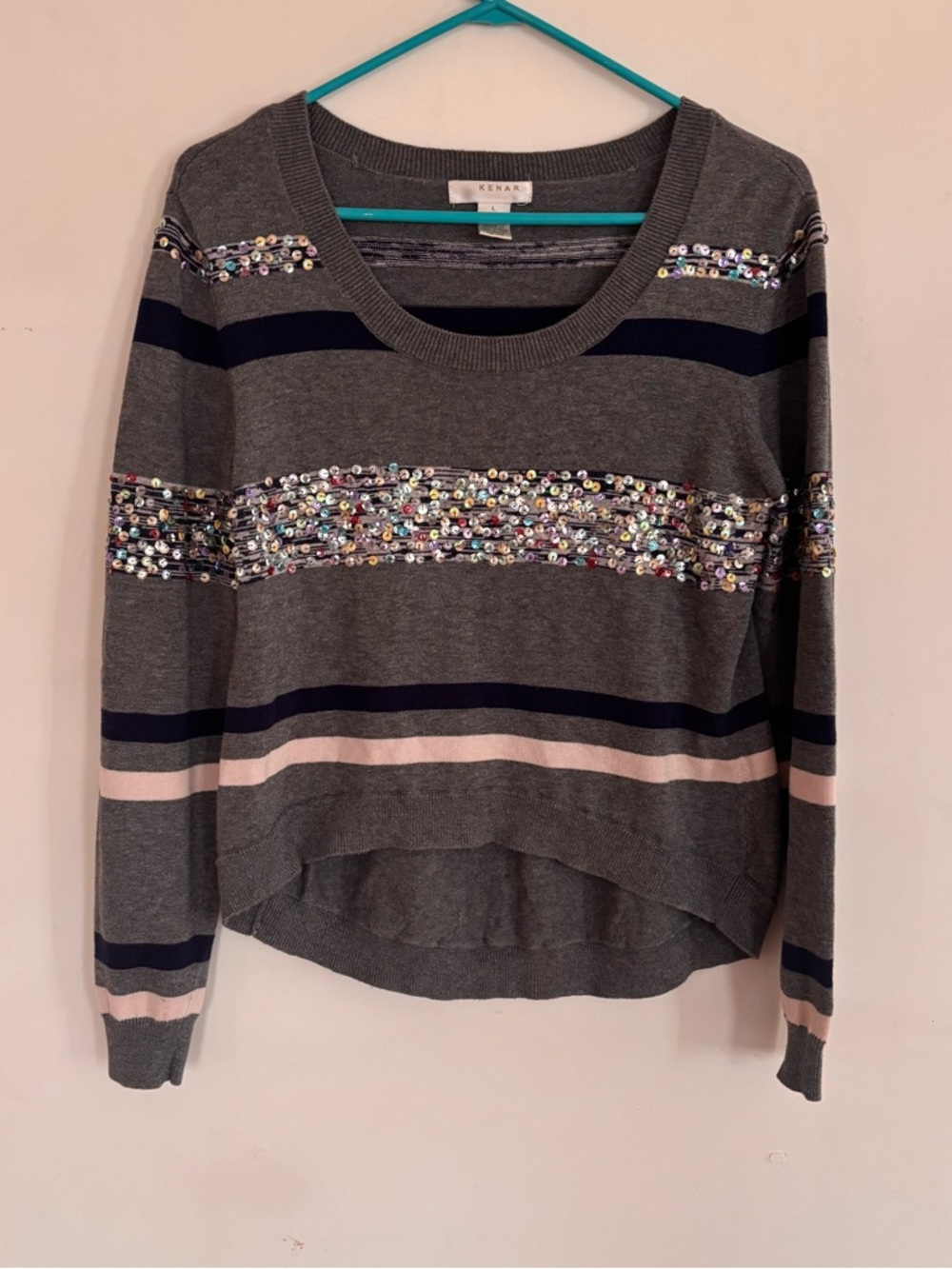 Kenar Gray Sequin Stripe Sweater Size L